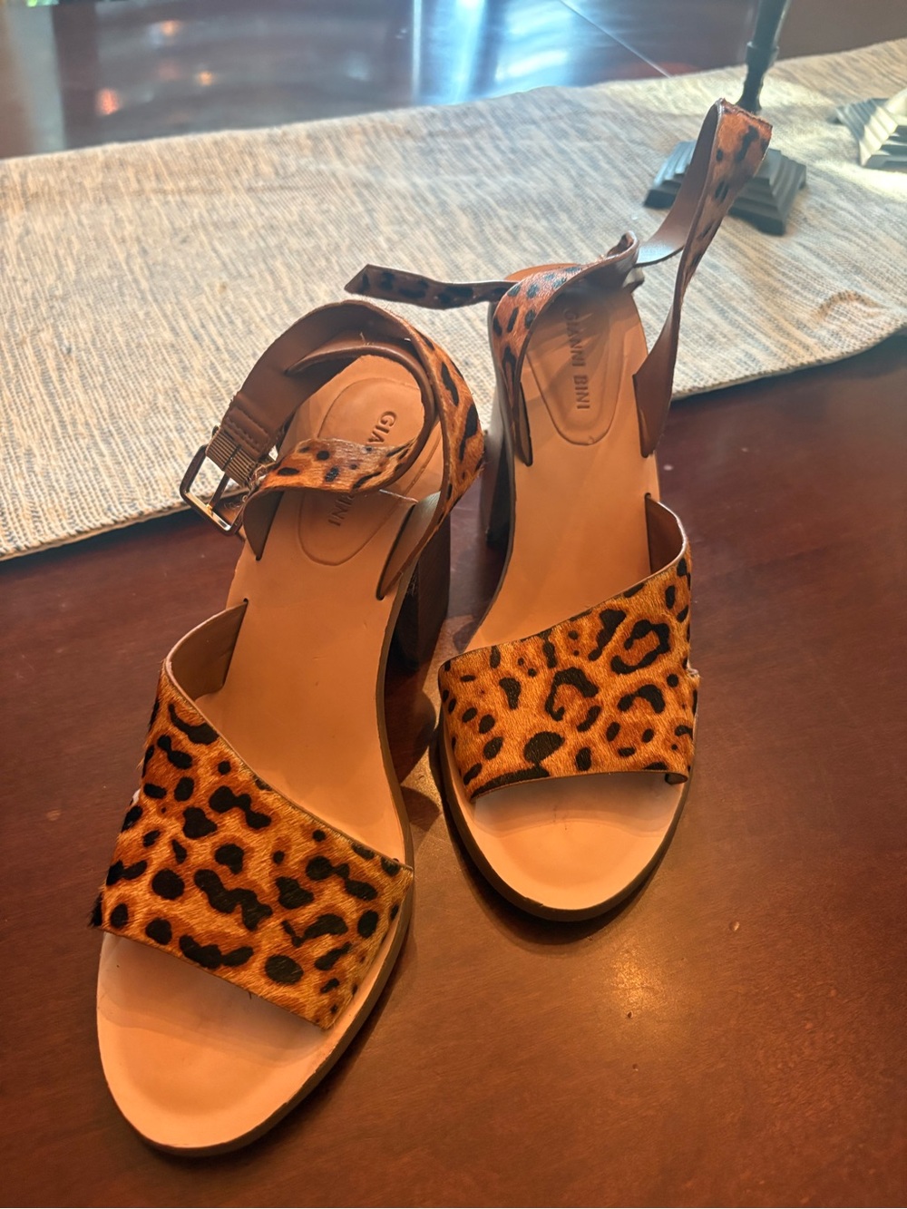 Gianni Bini Leopard Print Ankle Strap Sandals - Brown/Black